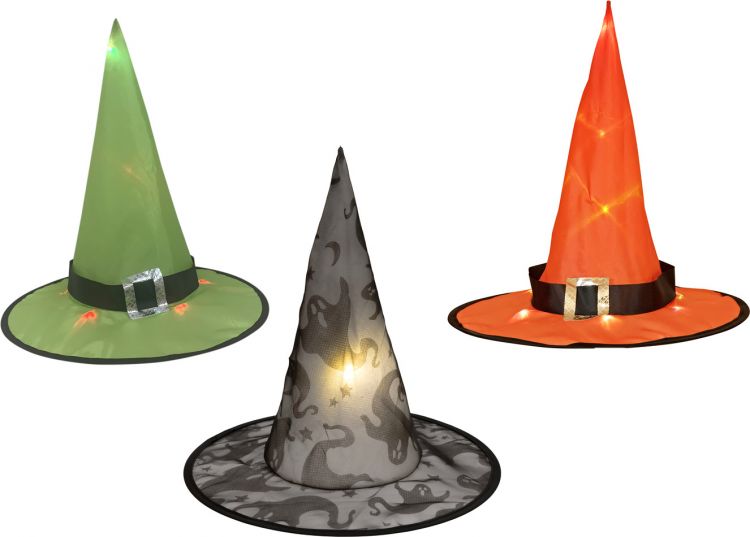 EUROPALMS Halloween Hexenhut 3er Set, beleuchtet, 36cm